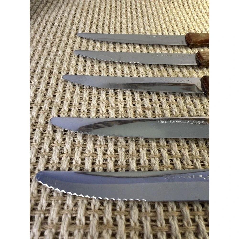 Vintage Ekco Vanadium Stainless Steel Serrated Knives Wood Handle USA Set Of 5